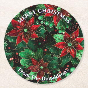 Personalisierte Weihnachts-Poinsettien Familiennam Runder Pappuntersetzer