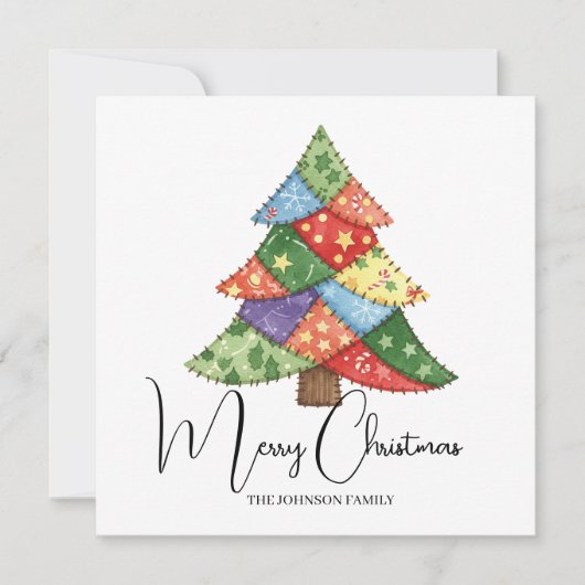 Personalisierte Weihnachtsbaum-Patchwork-Drucke Karte (Vorderseite)