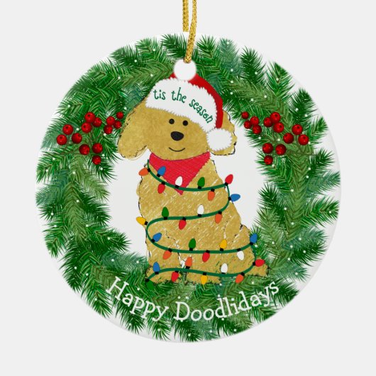 Personalisierte Weihnachtsbeleuchtung Goldendoodle Keramikornament (Vorne)