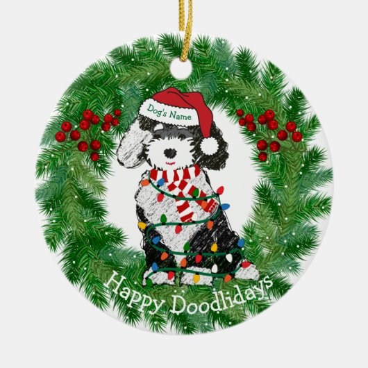 Personalisierte Weihnachtsbeleuchtung Sheepadoodle Keramik Ornament (Vorne)