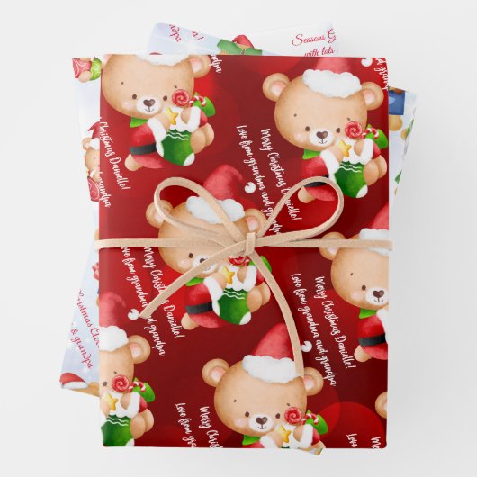 Personalisierte Weihnachtsbotschaft Teddybär Geschenkpapier Set (Beispiel)