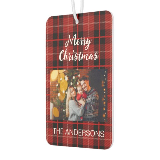 Personalisierte Weihnachtsfamilie Foto rot kariert Autolufterfrischer (Links)