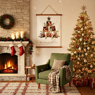 Personalisierte Weihnachtsfotos Baum Wandteppich Mit Holzrahmen