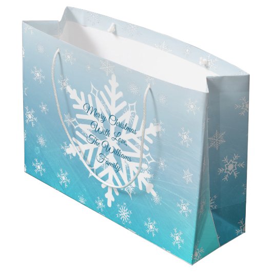 Personalisierte Weihnachtsgeschenktaschen, blaue S Große Geschenktüte (Rückseite Schrägansicht)