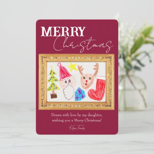 Personalisierte Weihnachtskarte mit Kinderkunst &  Einladung (Stehend Vorderseite)