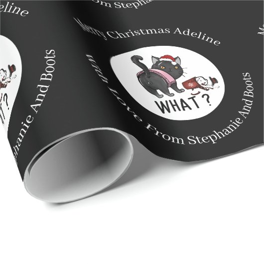 Personalisierte Weihnachtskatze auf schwarz Geschenkpapier (Rolleneckpunkt)