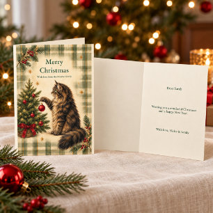 Personalisierte Weihnachtskatzenkarte Grün Kariert Feiertagskarte