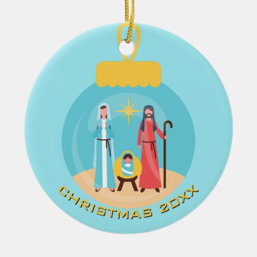 Personalisierte Weihnachtskrippen Blau und Gold Keramik Ornament (Vorne)