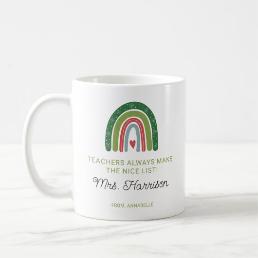 Personalisierte Weihnachtslehrer Rainbow Nice List Kaffeetasse (Links)