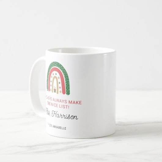 Personalisierte Weihnachtslehrer Rainbow Nice List Kaffeetasse (Vorderseite Links)