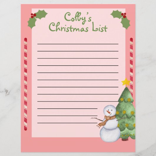 Personalisierte Weihnachtsliste mit Snowman (Vorderseite)