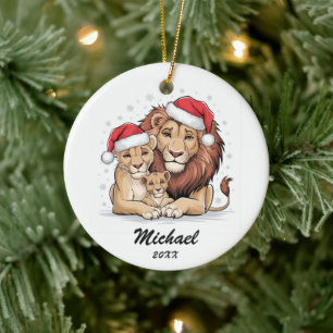 Personalisierte Weihnachtslöwenfamilie mit Santa-H Keramik Ornament