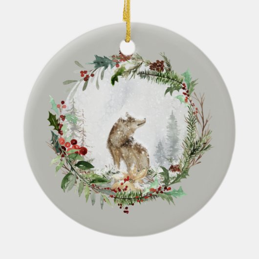 Personalisierte Weihnachtsszene mit Wolf Art Keramik Ornament (Hinten)