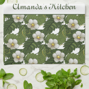 Personalisierte weiße Blumen  Geschirrtuch