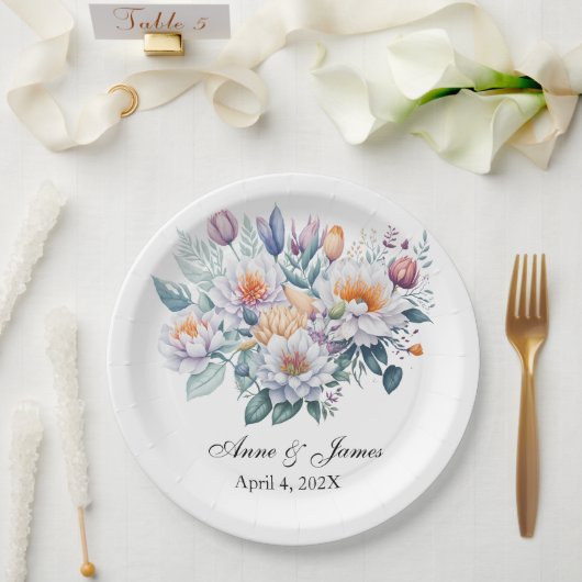 Personalisierte weiße Blumen  Pappteller (Hochzeit)