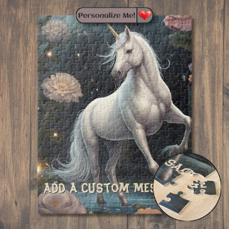 Personalisierte weiße Einhorn-Blumen Puzzle