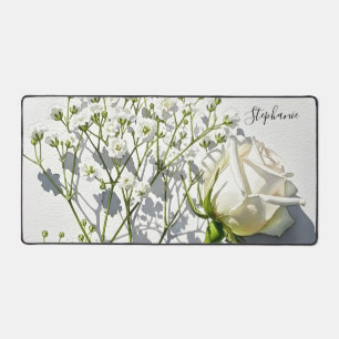 Personalisierte weiße Rosen-Blumenkunst Schreibtischunterlage