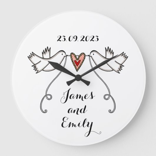 Personalisierte weiße Tauben Hochzeitsgeschenk Acr Große Wanduhr (Vorderseite)