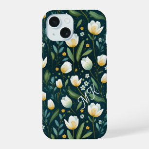 Personalisierte weiße Tulpen und grüne Blumen iPhone 15 Hülle