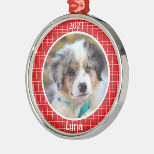 Personalisierte Welpe's erstes Weihnachtsfest Foto Ornament Aus Metall (Links)