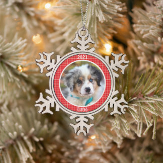Personalisierte Welpe's erstes Weihnachtsfest Foto Schneeflocken Zinn-Ornament