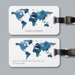 Personalisierte Weltkarte für Navy Blue Watercolor Gepäckanhänger
