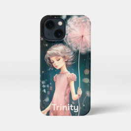 Personalisierte Whimsical Girl in Pink & Dandelion iPhone 13 Mini Hülle
