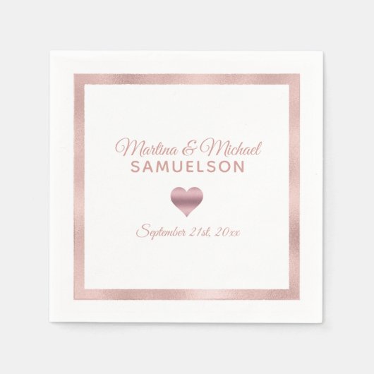 Personalisierte White Rose Gold Heart Frame Weddin Serviette (Vorderseite)