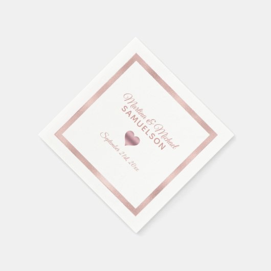 Personalisierte White Rose Gold Heart Frame Weddin Serviette (Ecke)