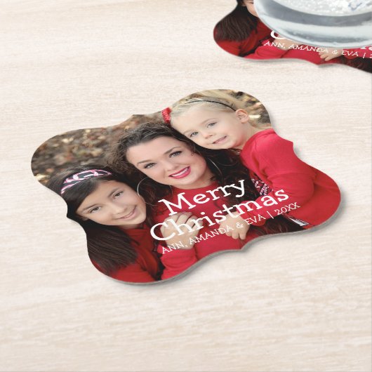 Personalisierte White Script Frohe Weihnachten Fot Untersetzer (angewinkelt)