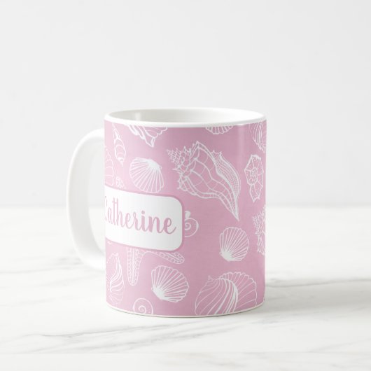 Personalisierte White Seashells Pink Beach Tasse (Vorderseite Links)