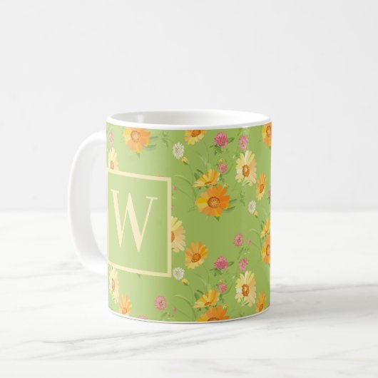 Personalisierte Wildblume Grünblüte Mit Monogramm Kaffeetasse (Vorderseite Links)