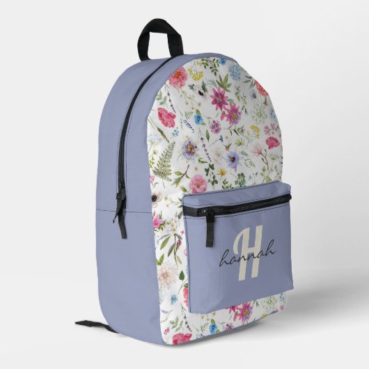 Personalisierte Wildblume Lila Monogramm Bedruckter Rucksack (Rückseitige Ecke links)
