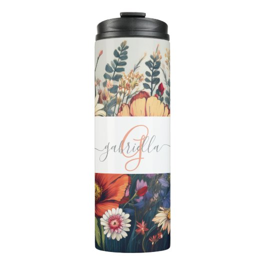 Personalisierte Wildblume mit Name und Monogramm Thermosbecher (Vorderseite)