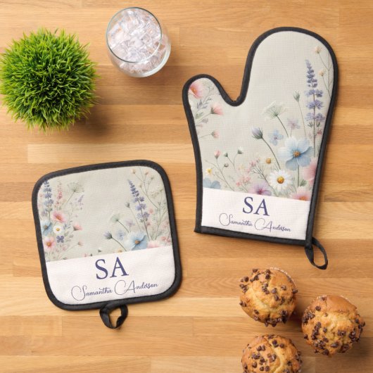 Personalisierte Wildblume Oven Mitt & Pot Holder Ofenhandschuh & Topflappen-Set (Oben Unten)