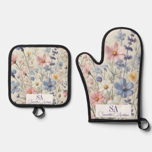 Personalisierte Wildblume Oven Mitt & Pot Holding  Ofenhandschuh & Topflappen-Set (Vorderseite)