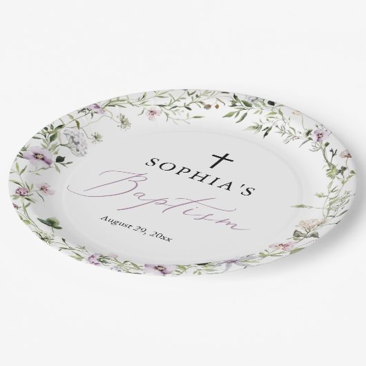 Personalisierte Wildblume Taufe Papier Teller (Schrägansicht)