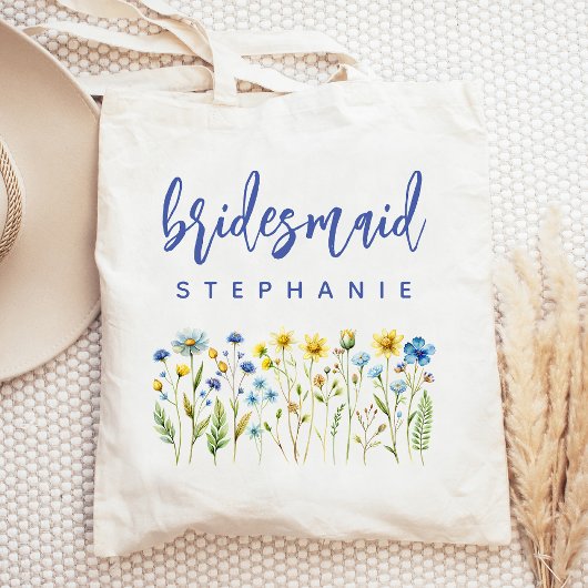 Personalisierte Wildblumen Blue Script Bridesmaid Tragetasche
