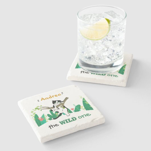 Personalisierte Wildtiere einer Tuxedo Katze Kinde Steinuntersetzer (Seitenansicht)