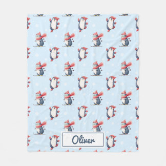 Personalisierte Winter-Pinguin-Jungen-Fliesblanke Fleecedecke