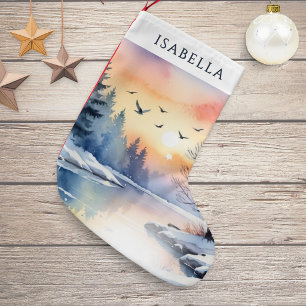 Personalisierte Winter-Seeblick-Schneeszene Kleiner Weihnachtsstrumpf