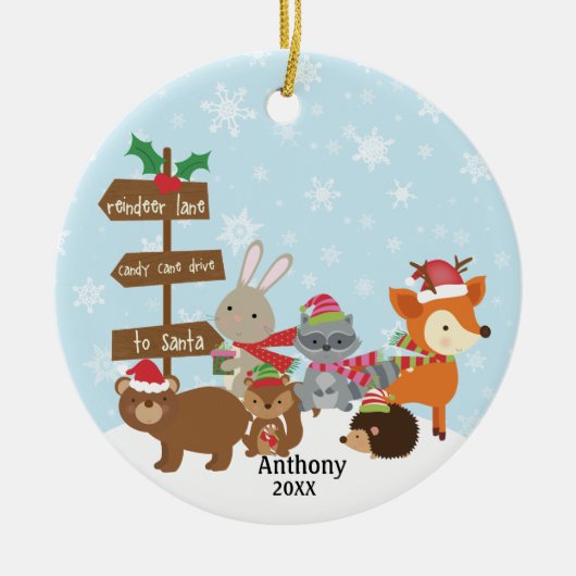 Personalisierte Winter-Waldtiere Keramik Ornament (Vorne)
