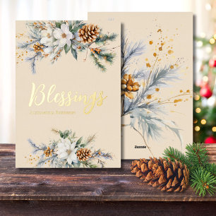 Personalisierte Wintermagnolie und Kiefernzapfen-S Folien Feiertagskarte