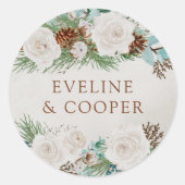 Personalisierte Winterrosen und Kiefernkone Runder Aufkleber (Vorderseite)