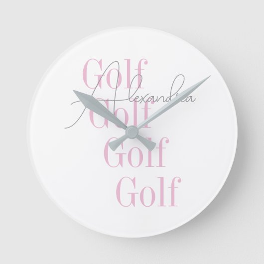 Personalisierte Women's Golf Pink Typografie Runde Wanduhr (Vorderseite)