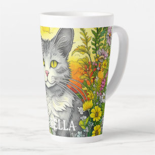 Personalisierte wunderliche Katze und Blumen Milchtasse