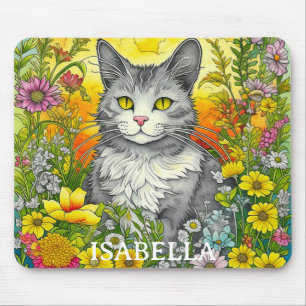 Personalisierte wunderliche Katze und Blumen Mousepad