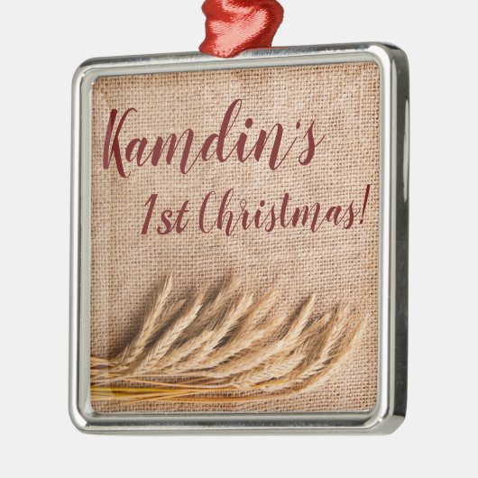 Personalisierte XMAS Zierwein auf Burlap Sack Co Ornament Aus Metall (Links)