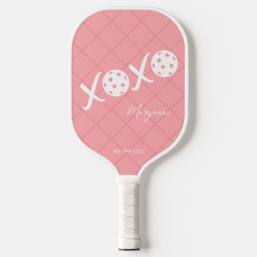 Personalisierte XOXO-Signatur, rosa und weiß Pickleball Schläger (Vorderseite)