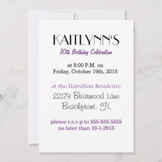 Personalisierte Zebra Print Gymnastik in Lila Einladung (Rückseite)